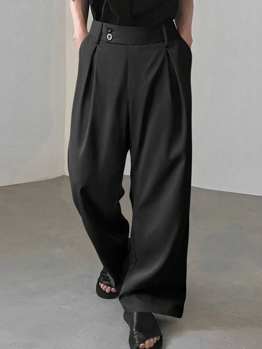 Claim Dot Loose Fit Men's Solid Color Pleated Wide Leg Pants, Fall - Black - View 1