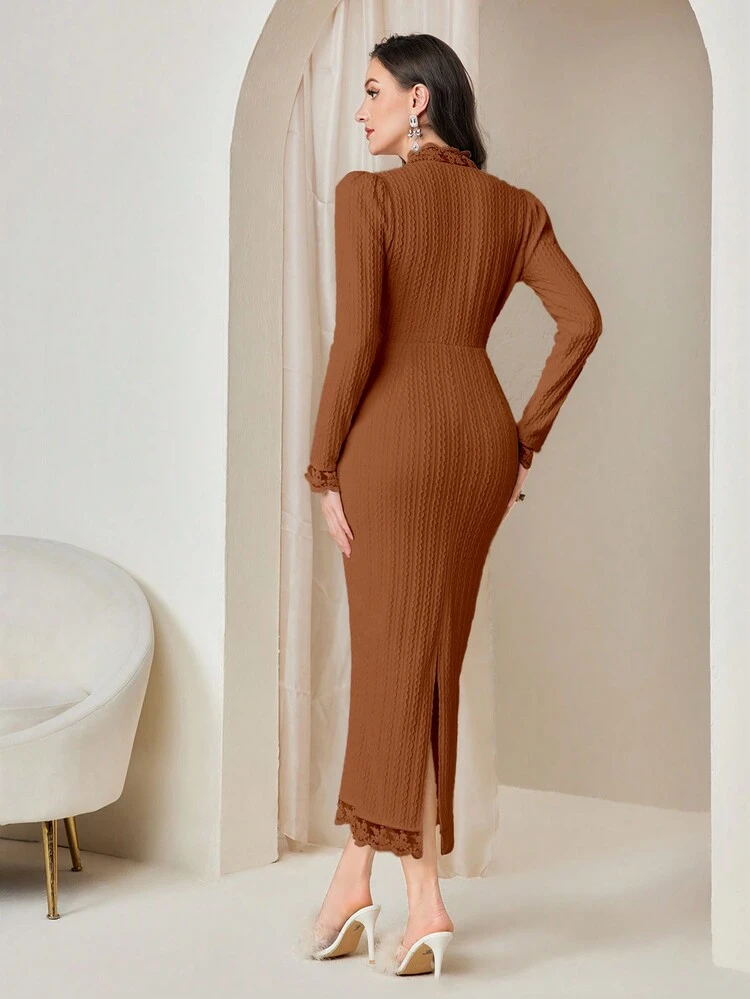 1pc Contrast Embroidery Mesh Trim Split Back Bodycon Dress Without Belt Long Evening Dresses
