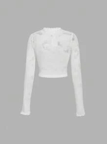 SHEIN MOD Camiseta de cuello con abertura de ojo floral jacquard - Beis - Ver 2