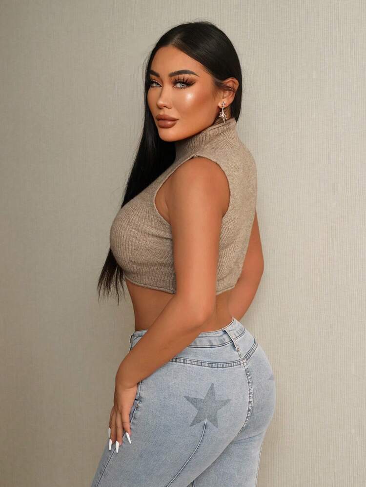 Mock Neck Crop Ribbed Knit Top