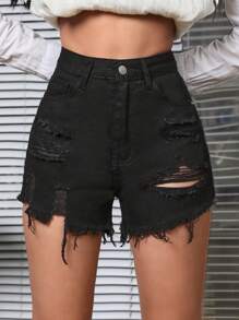 Ripped Raw Hem Denim Shorts - Black - View 1