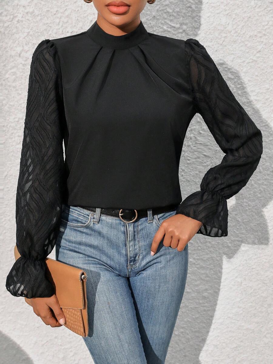 SHEIN Unity Lưới tương phản Tay áo loe Cổ giả Áo sơ mi - màu đen - Xem 1