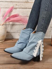 女性馬術&西方風格燈藍色的高跟鞋復古尖頭堆跟及膝靴子帶流蘇和筒襪美式短靴 - 藍色 - 查看 7