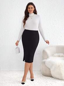 SHEIN Clasi Plus Solid Split Hem Sweater Skirt - Black - View 6