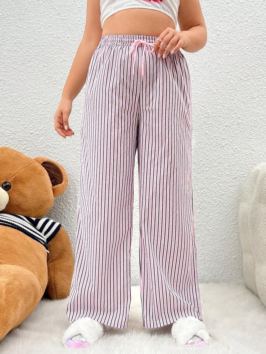 SHEIN EZwear Pantalones De Talla Grande Para Mujer De Pierna Ancha Con Cordón Y Raya Colorida Y Ajuste Suelto - Multicolor - Ver 1