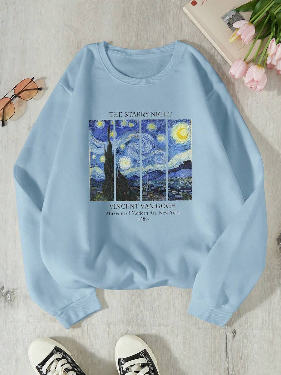 SHEIN EZwear 油畫和字母圖案保暖衬里開衫 - 藍色 - 查看 1