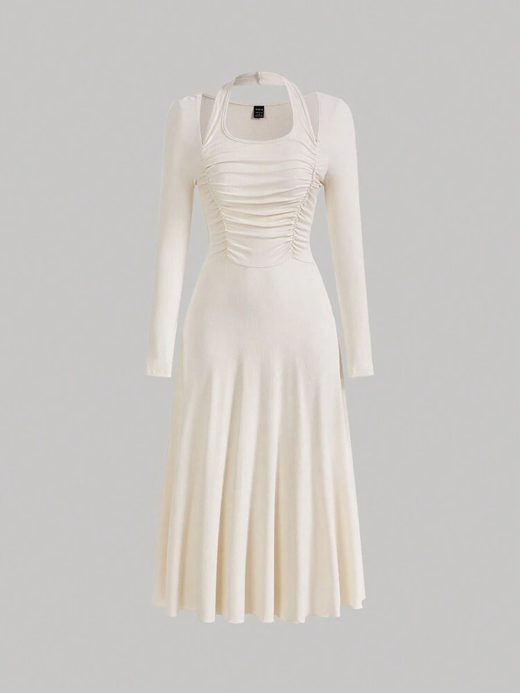 Solid Cutout Shoulder Ruched A-line Dress