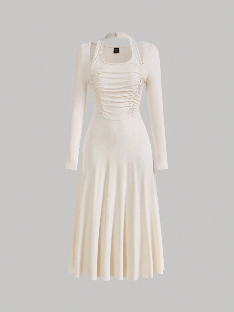 SHEIN MOD Solid Cutout Shoulder Ruched A-line Dress - Apricot - View 1