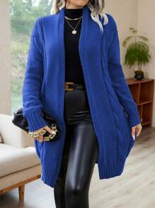 SHEIN LUNE Áo len cardigan dệt kim cỡ lớn, cho mùa đông - Màu xanh lam - Xem 5