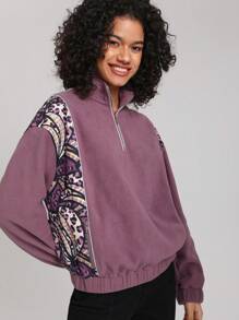 YI HSUAN Designer Contrast Graphic Print Half Zip Drop Shoulder Plush Sweatshirt - Multicolor - View 4