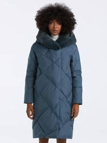 Abrigo acolchado con capucha y adorno de pelo rizado - Azul - Ver 1