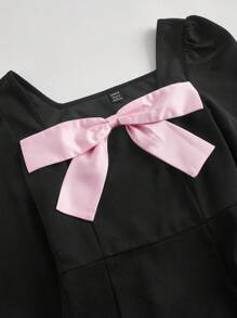SHEIN MOD 前蝴蝶結泡泡袖洋裝 - 黑色 - 查看 4