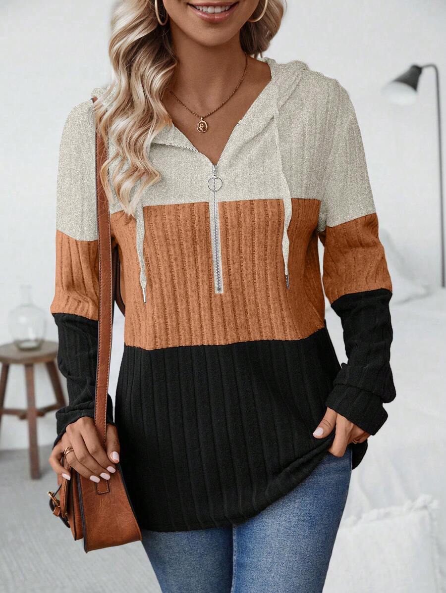 SHEIN LUNE Khối màu Một nửa khóa kéo Dây rút Hoodie - Nhiều màu - Xem 1