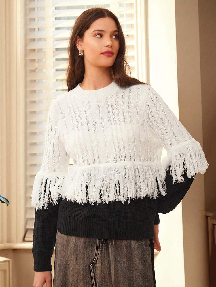 Women's Cable Knit Fringed Sweater Winter Casual