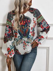 EMERY ROSE 印花繫帶領燈籠袖襯衫 - 彩色 - 查看 1