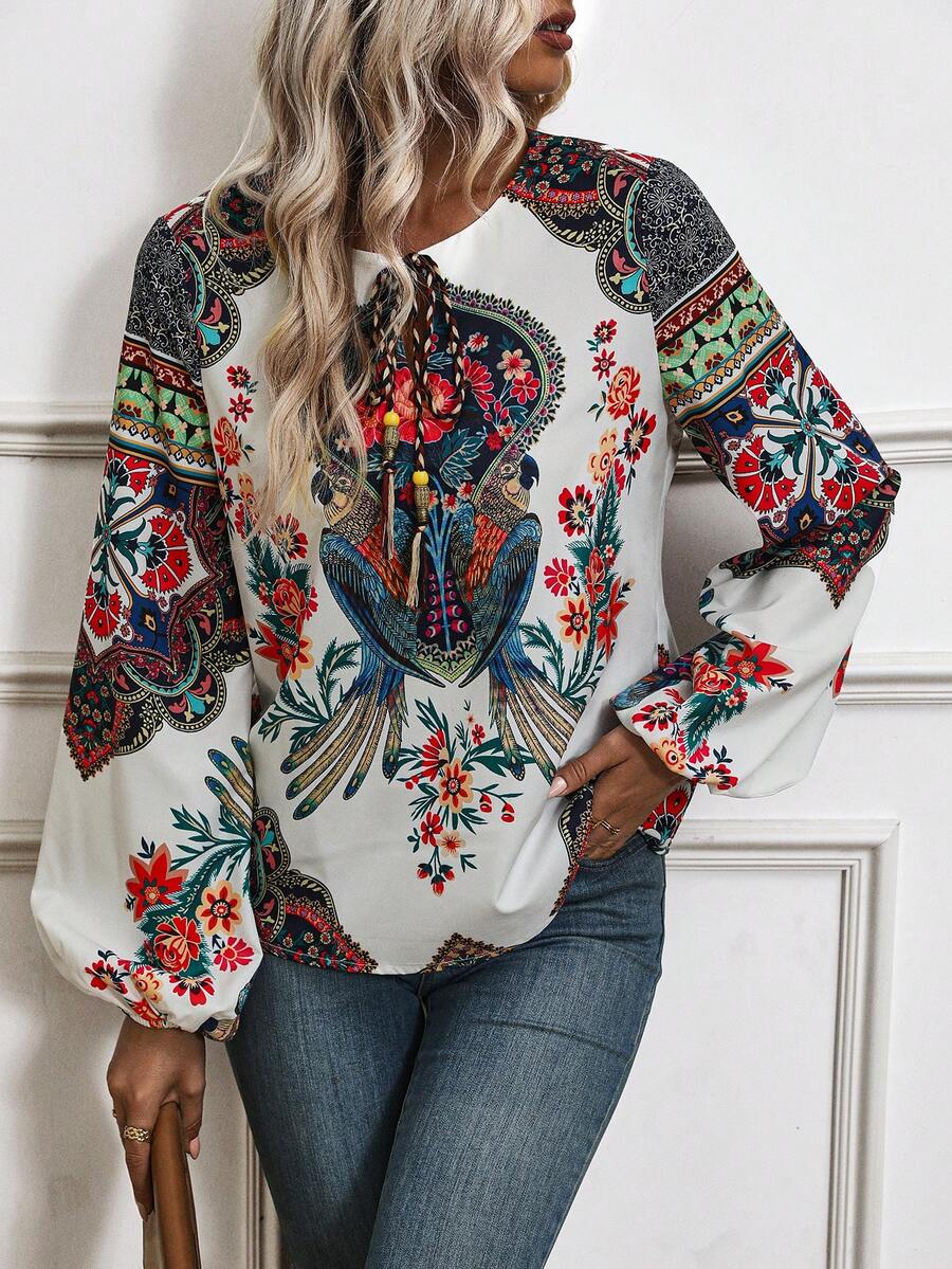 EMERY ROSE 印花繫帶領燈籠袖襯衫 - 彩色 - 查看 1