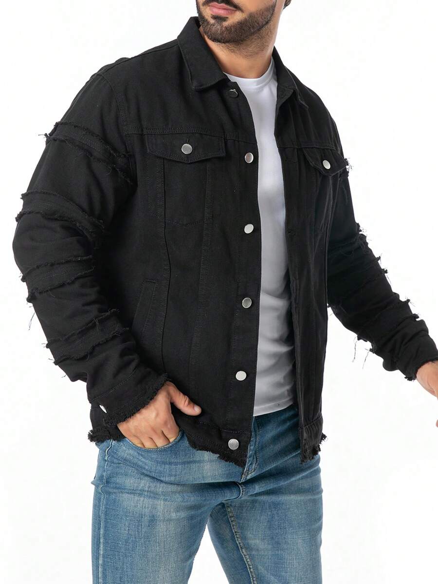 Manfinity EMRG Loose-Fit Men's Ruched Sleeve Denim Jacket With Flap Pockets - Grey - View 1