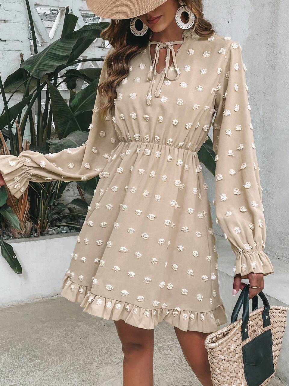 Women's Lace Trim Elastic Waistband Dress