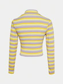 女性青少年半高領條紋休閒緊身長袖t恤 - 紫色 - 查看 2