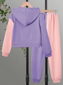 SHEIN 女大童雙色蝴蝶圖案連帽衫和運動褲 - 紫色 - 查看 2