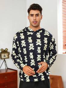 Men Cartoon Graphic Hooded Sleep Top - Black - View 6
