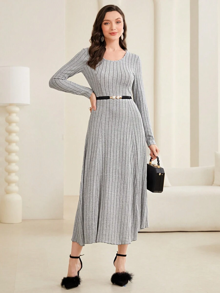 Modelyn Round Neck Ribbed Knit Sweater Dress Without Waist Belt - Grey - View 1