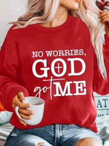 INAWLY 標語圖案落肩袖運動衫 - 紅色 - 查看 1