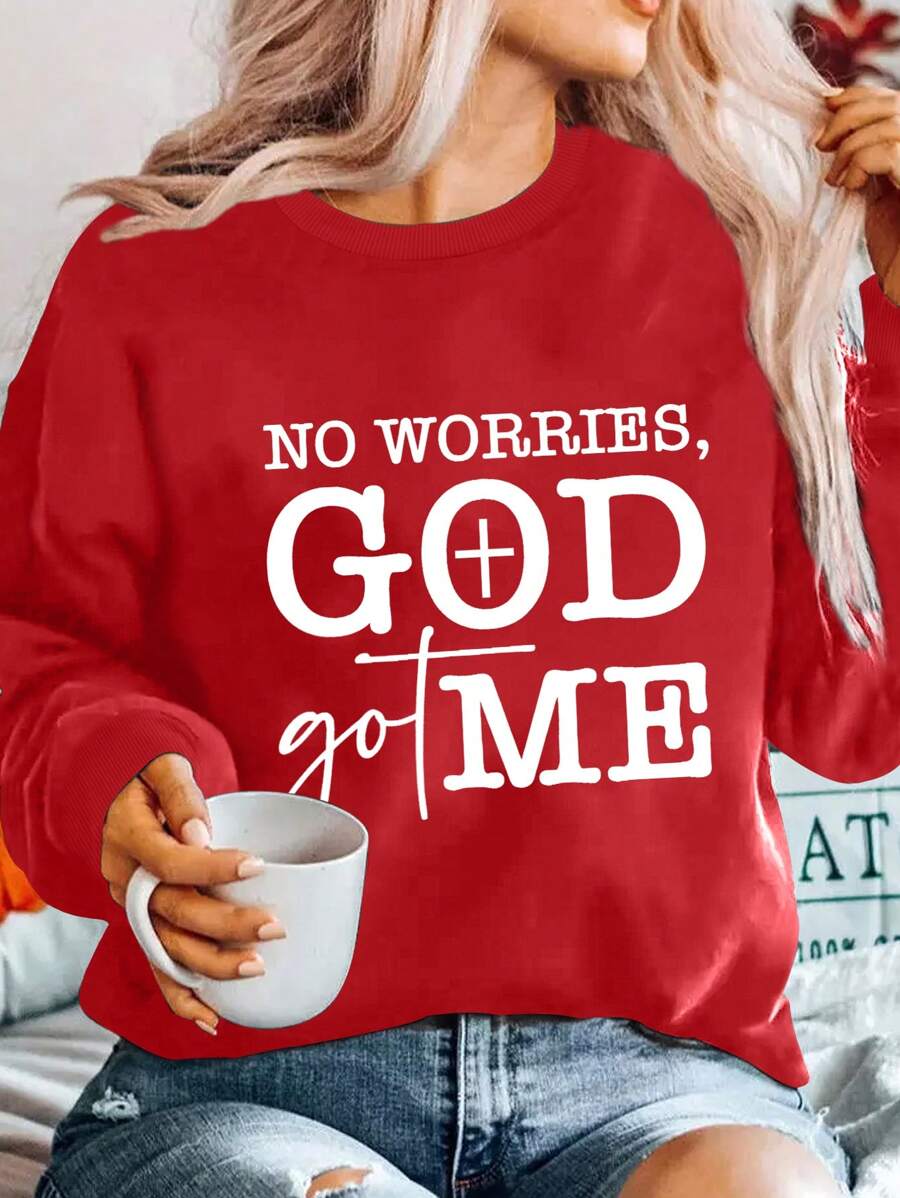 INAWLY 標語圖案落肩袖運動衫 - 紅色 - 查看 1