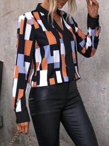 SHEIN LUNE Geo Print Notched Neckline Shirt - Multicolor - View 5