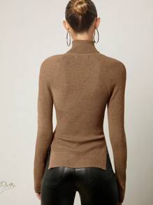 SHEIN Privé Solid Choker Neck Asymmetrical Hem Sweater - Khaki - View 2