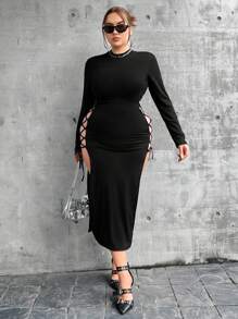 Flirla Plus Size Women's Solid Color Sexy Dress With Side Tie Detail - Black - View 6