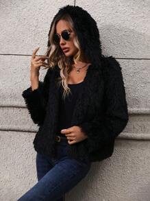 SHEIN LUNE 開門襟毛茸茸外套 - 黑色 - 查看 5