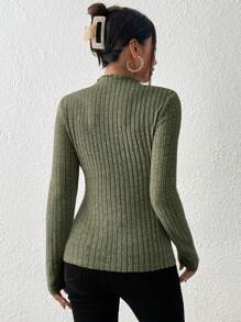 SHEIN Frenchy 女式羅紋長袖 T 卹 - 軍綠色 - 查看 2