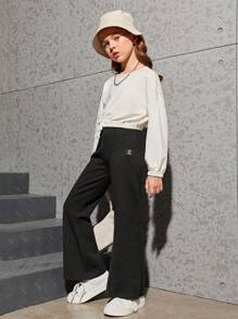 SHEIN Tween Girl Sporty Fit Flared Trousers With Slit Hem - Dark Grey - View 4