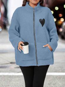 Calvaya Plus Heart Embroidery Drop Shoulder Zipper Teddy Coat - Dusty Blue - View 5