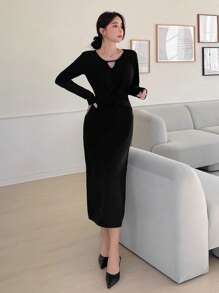 Dazy Star Solid Keyhole Neck Sweater Dress - Black - View 5