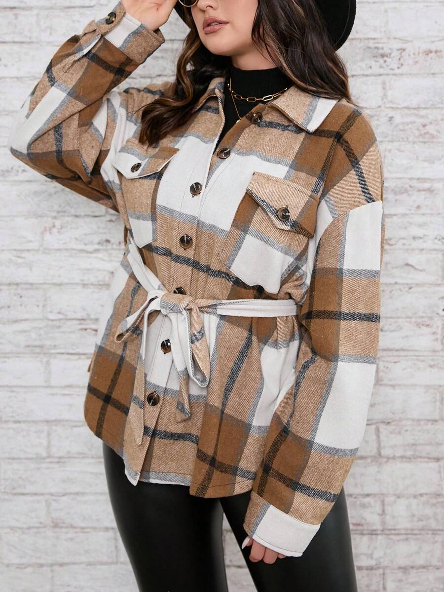 SHEIN CURVE+ Plus Plaid Print Drop Shoulder Flap Pocket Belted Coat - Multicolor - View 1