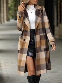 SHEIN Clasi 格紋印花西裝領雙排釦雙口袋花呢外套 - 彩色 - 查看 4