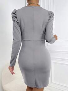 SHEIN Privé Surplice Neck Puff Sleeve Ruched Tulip Hem Bodycon Dress - Grey - View 2