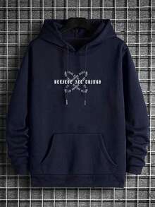 Men Slogan Graphic Thermal Lined Drawstring Hoodie - Navy Blue - View 2