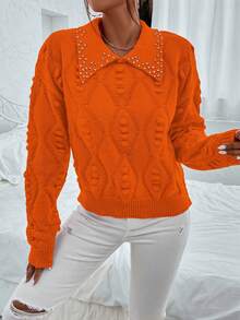 SHEIN Privé Suéter De Hombro Caído Con Abalorios De Diamantes De Imitación - Naranja - Ver 4