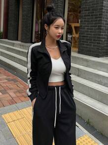 DAZY 女款粗條紋側邊拉鍊前開外套和長褲套裝 - 黑色 - 查看 6