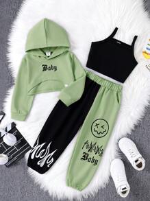 SHEIN 女小童字母圖案不對稱下擺連帽衫和運動褲&吊帶上衣 - 綠色 - 查看 1