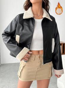 SHEIN EZwear Borg Collar Drop Shoulder Teddy Lined Leather Look Jacket - Black - View 1