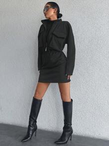 SHEIN Cottnline Flap Pocket Drop Shoulder Zip Up Dress - Black - View 3