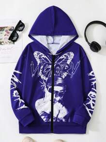SHEIN Teenager Mädchen Kapuzenpullover mit Reißverschluss Buchstabe & Figur Grafik,
