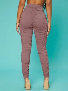SHEIN SXY Leggings de talle alto fruncido apilado - Color caoba - Ver 2