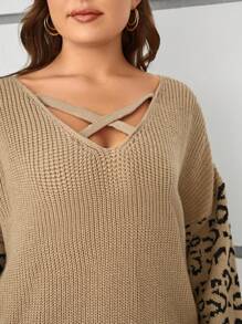 SHEIN LUNE Hơn Hoa văn Báo Mặt trước chéo Thả vai Áo len - màu nâu - Xem 4