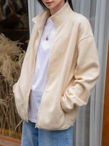 DAZY 拉鏈開襟落肩袖抽繩下擺搖粒絨夾克 - 米色 - 查看 7