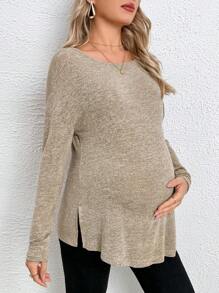 SHEIN Maternidad Camiseta tejido jaspeado bajo con abertura - Caqui - Ver 1